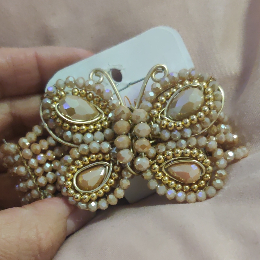 Elegant Gold and Cream Beaded Butterfly Brooch